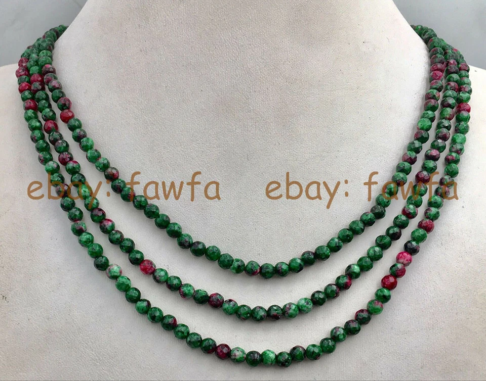 Collar de cuentas redondas gemas rojas naturales de 3 filas de 4 mm en gemas facetadas de zoisita de 18-20"" Foto 1 de 3
