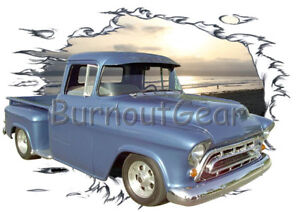 1957 Blue Chevy Pickup Truck b Custom Hot Rod Sun Set T-shirt 57 Muscle Car Koszulki