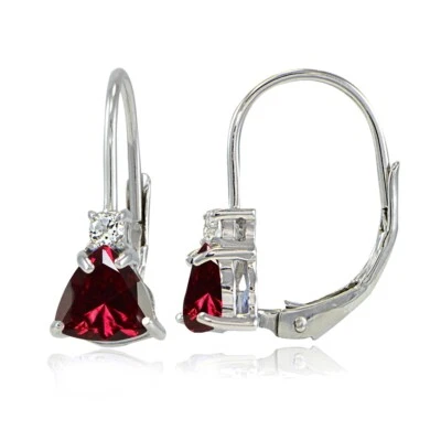 Sterling Silver Created Ruby & White Topaz Trillion-Cut Leverback Drop Earrings - Image 1 of 4