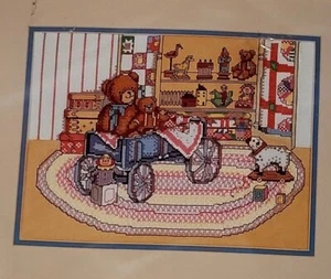 New Vtg Bucilla Grandmas Attic Printed Cross Stitch Kit 9x12 40378 Bear Toys NOS - Picture 1 of 8