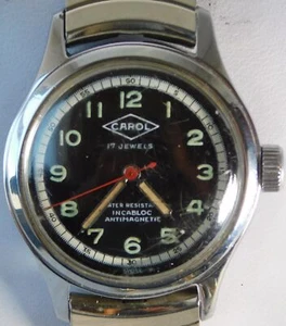 Vintage 1950's Carol 17j SS 27mm Black Dial Pilot's Mechanical Wrist Watch Works - Picture 1 of 12