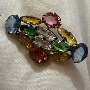Antique Art Deco Czech Square Amber Glass Center Fruit Salad Stones Brooch - Picture 1 of 6