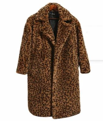 Womens Leopard Print Fur Jacket Winter Coat Warm Parka Outwear Overcoat Long  - Image 1 of 4