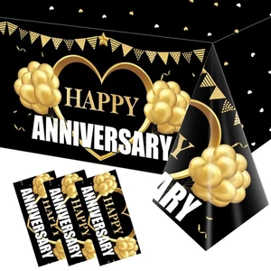 3 Pack Happy Wedding Anniversary Tablecloth Decorations, Black Gold Themed Ta... - Picture 1 of 6