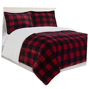  3-Piece Buffalo Lodge-Plaid Comforter Set, Luxurious, Queen Burgundy/Black - Picture 1 of 7