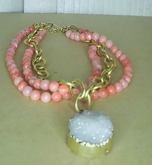 Raro Collar Susan Shaw Cuarzo, Cuentas Coral Rosa Triple Latón Chapado en Oro 24K Foto 1 de 4