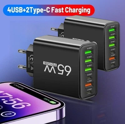 2X 6-Fach Schnell Ladegerät Stecker USB Port 65W Netzteil Adapter Handy Tablets - Bild 1 von 4