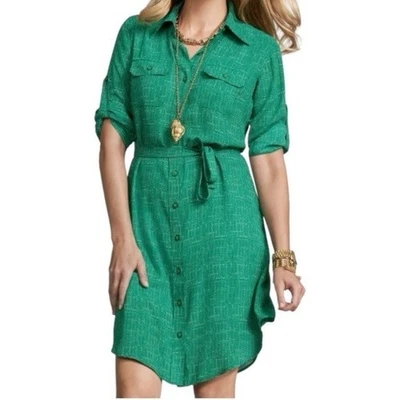 CABI GREEN WHITE PATTERN BUTTON FRONT 3/4 SLEEVE SHIRT DRESS WOMENS SZ SMALL - Image 1 of 4
