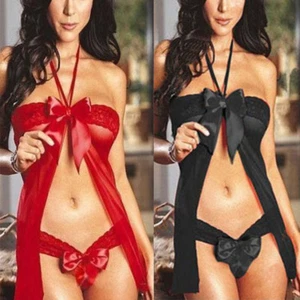Women Lingerie Sexy Lace Dress Underwear Bowknot Babydoll Sleepwear G-string - Picture 1 of 5