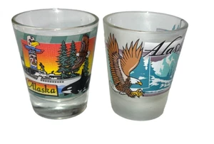 Set Of 2! Alaska Shot Glasses 1 Frosted W/ Eagles + 1 W/ Ship, Eagle, + Orcas - Picture 1 of 11
