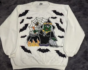Vtg 90s Halloween Witch Sweatshirt Large Crewneck USA Art Bats Vaporwave 80s - Picture 1 of 11