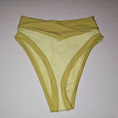 American Eagle Aerie Crossover High Cut Cheeky Bikini Bottom MEDIUM Green Ribbed - Imagem 1 de 2
