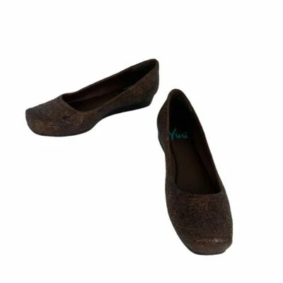 Zapatos planos de ballet Yuu Impress marrón en relieve sin cordones punta cuadrada usados una vez talla 6M Foto 1 de 4