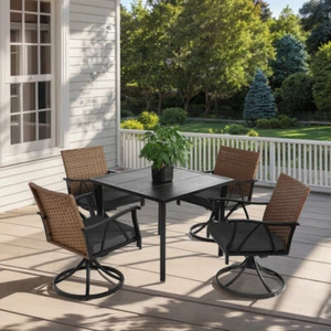 5Pc Patio Dining Set Wicker, 4 Swivel Rocker Chairs w/Cushions, Steel Table - Picture 1 of 15