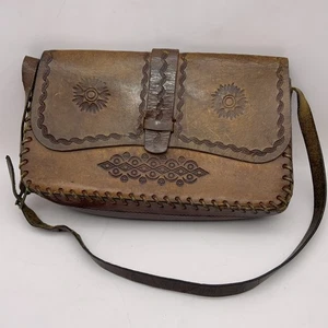 Vintage Leather Handbag Satchel Embossed Patina Leather Stitching 1970s - Picture 1 of 11