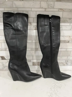 Botas hasta la rodilla Nine West de cuero genuino negras para mujer talla 6M cuña tacón alto Foto 1 de 4