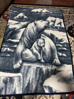 Vintage Biederlack Blanket Polar Bear & Cubs Blue Acrylic Throw - Image 1 of 3