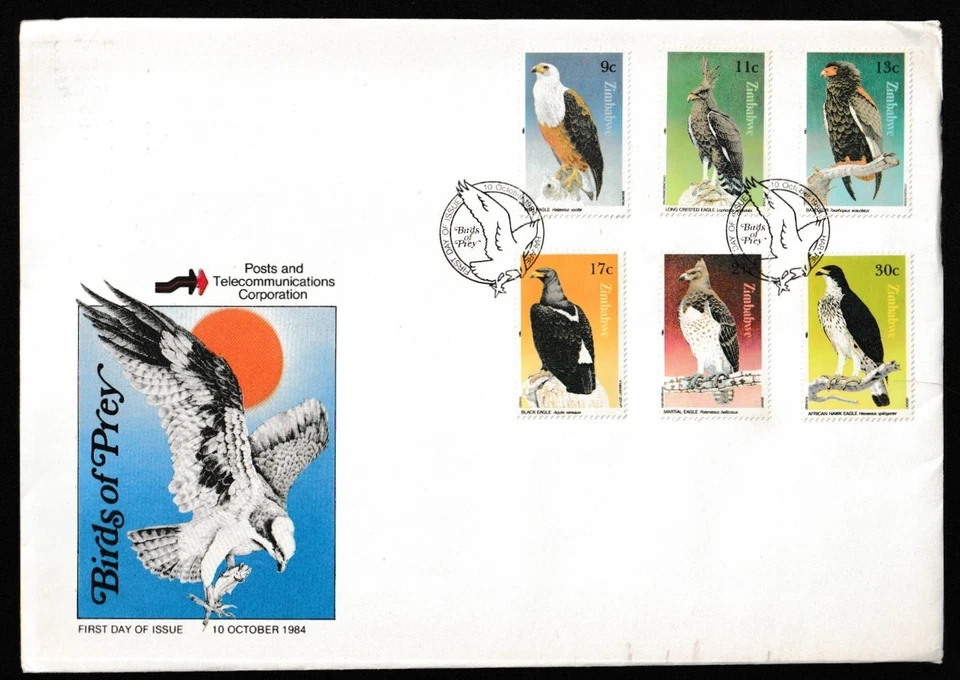 1984 ZIMBABWE BIRDS OF PREY FDC  WITH HARARE FDI HANDSTAMP SG Nos 647 - 652 - Image 1 of 1