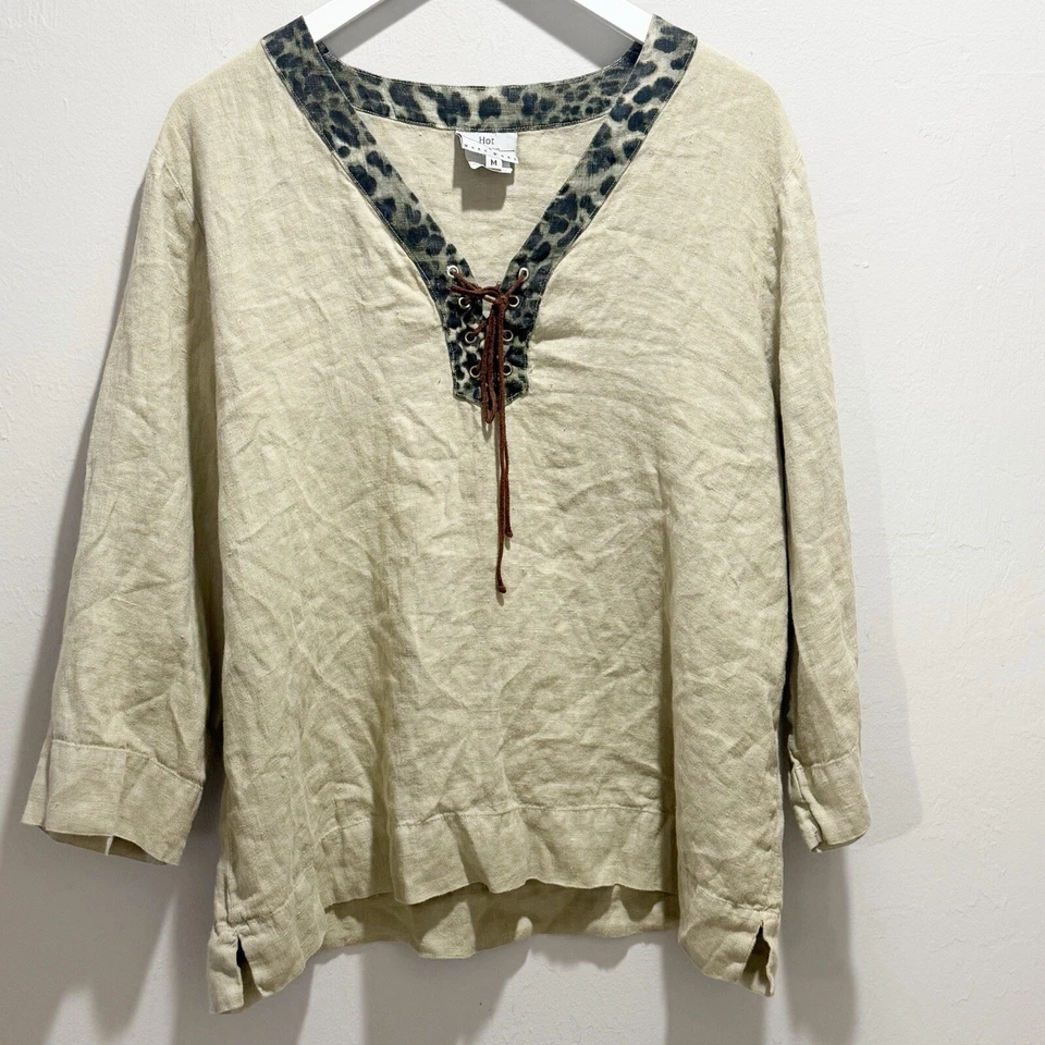 LO ÚLTIMO ALGODÓN Para mujeres Beige Cuello en V Túnica con Cordones Top Estampado Animal Borde EE. UU. Talla M Foto 1 de 4