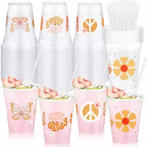 50 Pcs Groovy Party Plastic Cups with Straws 12 Oz Boho Retro Hippie Disposable - Picture 1 of 12
