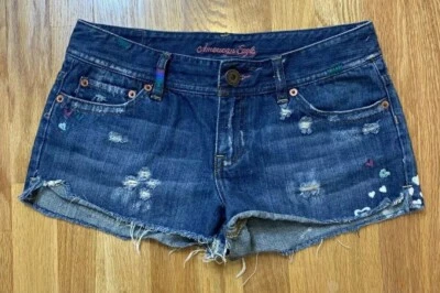 American Eagle Boho Cutoff Jean Shorts Embroidered, Hearts, Daisy Dukes, Size 4 - Image 1 of 4
