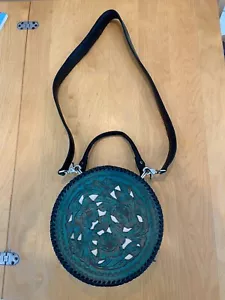 NWOT Vtg JUAN ANTONIO Dark Green Hand Tooled Floral Leather Round Shoulder Bag - Picture 1 of 9