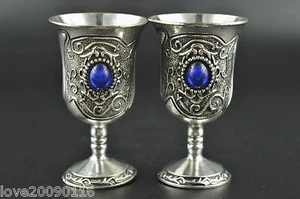 Noble Decor copper Silver Carved Totem Inlay Blue Bead Rare Lucky Pair Wine Cup - Picture 1 of 5