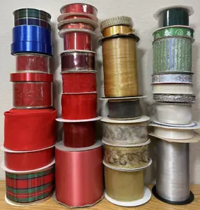 Huge Lot of 35 Christmas Ribbons Red Gold Silver Blue Green Plaid Sheer VARIETY - Picture 1 of 7
