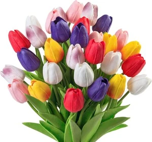 30 Pcs Multicolor Artificial Tulip Flowers Fake Tulips PU Real Multi Color - Picture 1 of 5