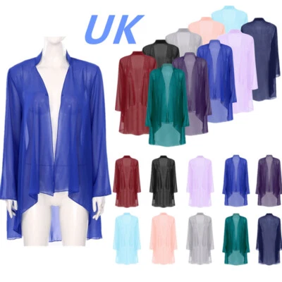 UK Womens Chiffon Cardigan Open Front Loose Long Sleeve Shrug Bolero Cover Ups - Image 1 of 4
