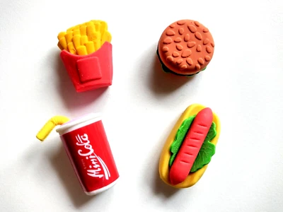 4 Mini Fast Food Novelty Fun Erasers Rubbers Kids Party Bag Fillers Stationery - Image 1 of 4