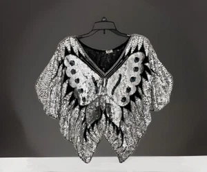 Vintage Butterfly Black/Silver Sequins Women’s Top Party Cruise Disco Sparkle - Picture 1 of 8