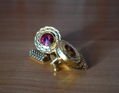 Vintage 1980s Gold Tone Cufflinks with Ruby Red Glass Stones – Retro Elegance! - Image 1 of 4