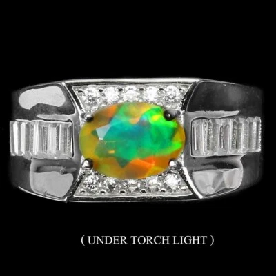 925 Anello Argento Sterling Ovale Opale di Fuoco 8x6mm Gemma Gioielleria - Immagine 1 di 4