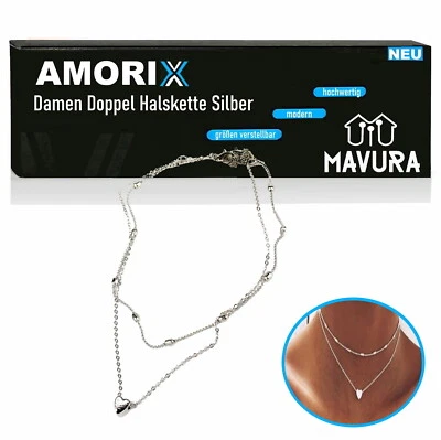 AMORIX Damen Doppel Kette Halskette silber Herz Set Blogger kurz Valentinstag - Bild 1 von 4
