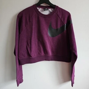 Nike Dri-Fit Womens Medium Maroon Shirt Black Logo Crop Top Crewneck - Picture 1 of 7