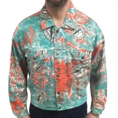 Turquoise & orange Florida Marlins baseball MLB All over print denim jacket - Image 1 of 4