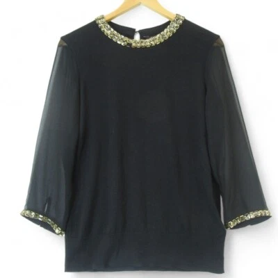 Ted Baker Women's Black Embellished Neckline Sweater 3/4 Sheer Sleeve UK 10 EU38 - Image 1 of 4