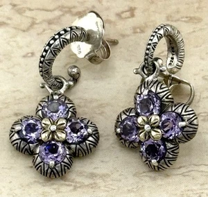 BARBARA BIXBY EARRINGS FLOWER AMETHYST GEMSTONE HOOP SS 18K - Picture 1 of 3