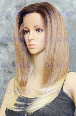 Длинный теплобезопасный парик из смеси человеческих волос с кружевной передней частью светлый светлый с омбре и корнями EVEK - Изображение 1 из 4