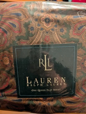 Sábana plana Ralph Lauren Queen Brianna cachemira azul verde 100 % algodón leer Foto 1 de 4