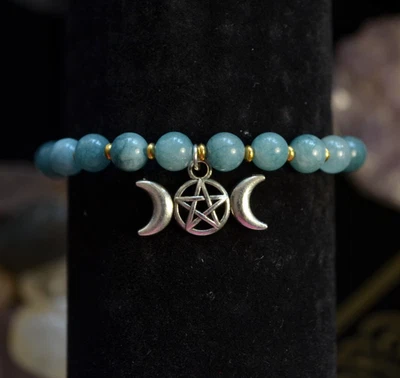 Pulsera Tríada Diosa y Aguamarina Wicca Joyería Pagana Símbolo Luna Regalo Dije Foto 1 de 4