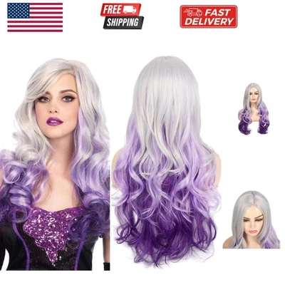 长卷曲波浪银色灰色至紫色假发侧面部分自然外观合成... — 第 1/4 张图片