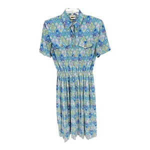Leslie Fay Damen Kleid 14 Midi Everyday Blau Medaillon Hausfrau Vintage - Bild 1 von 12