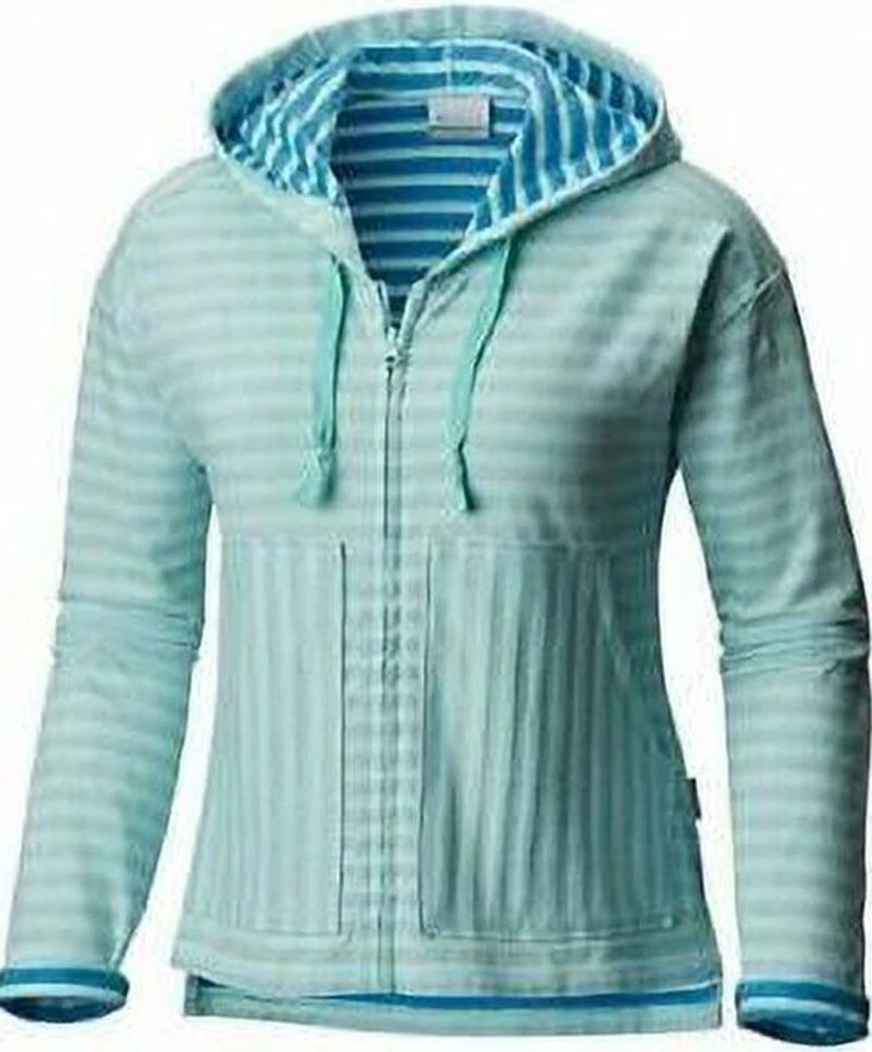 Columbia Women's Medium Jacket Blue Stripes Athletic Hood Full Zip Long Sleeve
