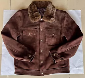 Men's Dark Brown Retro Western Cowboy Fur Suede Leather Trucker Biker Jacket. - Picture 1 of 8