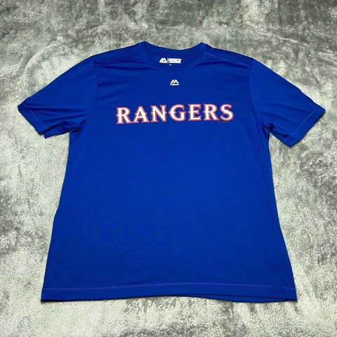 Texas Rangers Shirt Mens Large Blue Stretch Lightweight MLB Baseball Majestic Cover