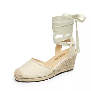 Women Espadrilles Wedge Sandals Close Toe Strappy Vacation Beach Dress Sandals - Picture 1 of 35
