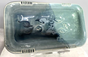 Pottery Blue Tones Glazed Rectangle Trinket Tray Leaf Impressions 9"x5" Signed - Picture 1 of 10