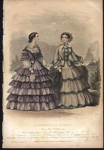 Jules David Litografía coloreada a mano Moniteur de la Mode placa de moda 1854 París - Imagen 1 de 3